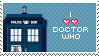 A blue stamp with a TARDIS on the left and the word sentence "I heart heart Doctor Who" in all caps. The hearts are pink. Found on the CallMeManatee site.
