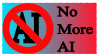 A stamp with a background that starts as a light blue, and gradients to red as it goes to the right side. On the left side, is a red circle with a line through it, and the letters AI under it, creating a "No AI" symbol. On the right there is a text that says "No More AI". All text is black in color.